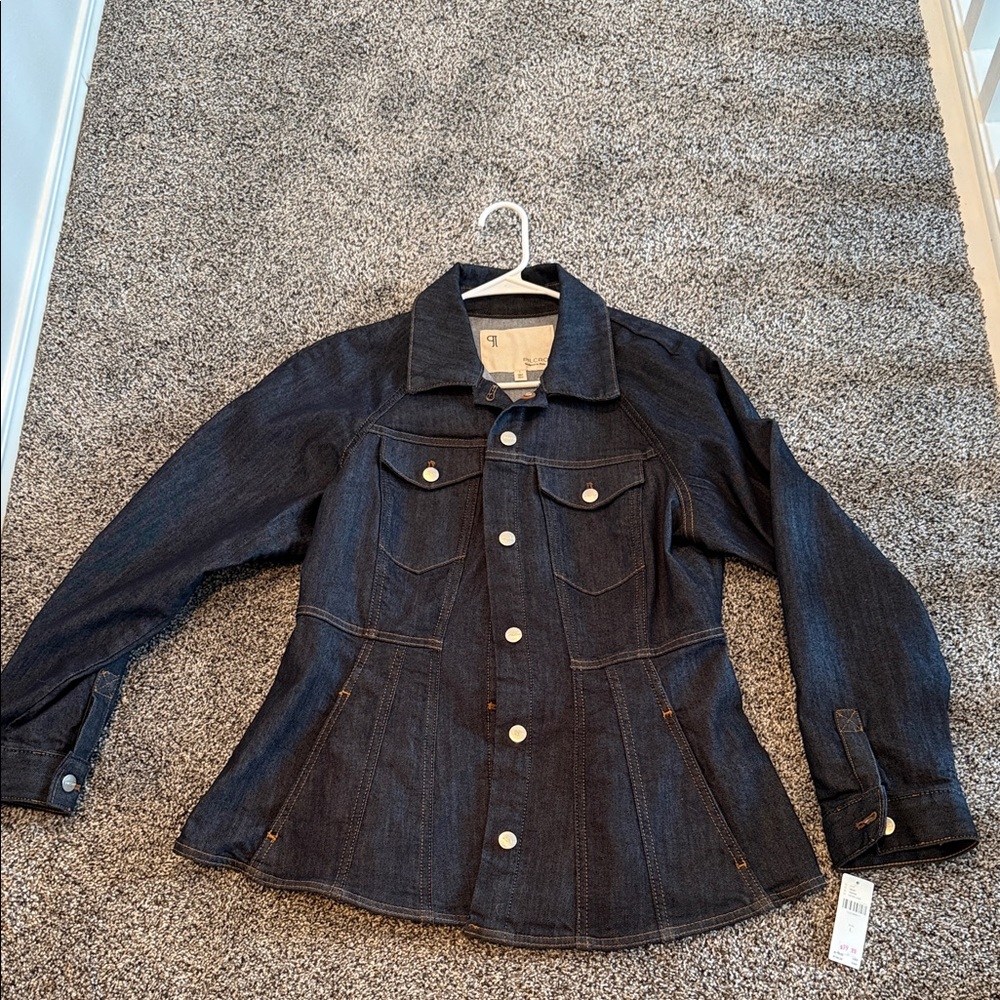 Brand new, never worn dark blue wash jean peplum lightweight jacket
